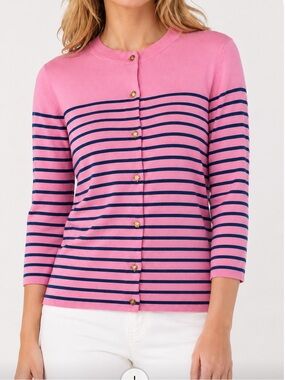 J crew cotton blend pink navy striped preppy crew cardigan sweater sz small
